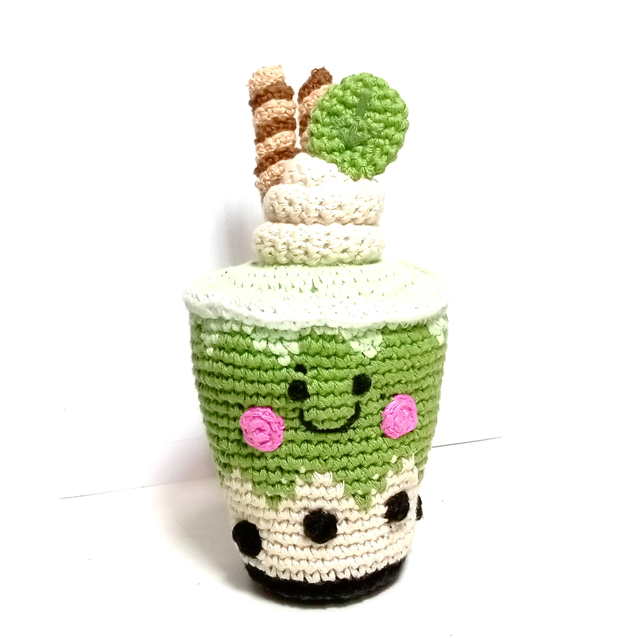Green Tea Matcha Latte Baby Rattle - handmade crochet with organic cotton