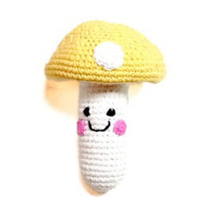 Yellow and White Handmade Crochet Mushroom Baby Rattle