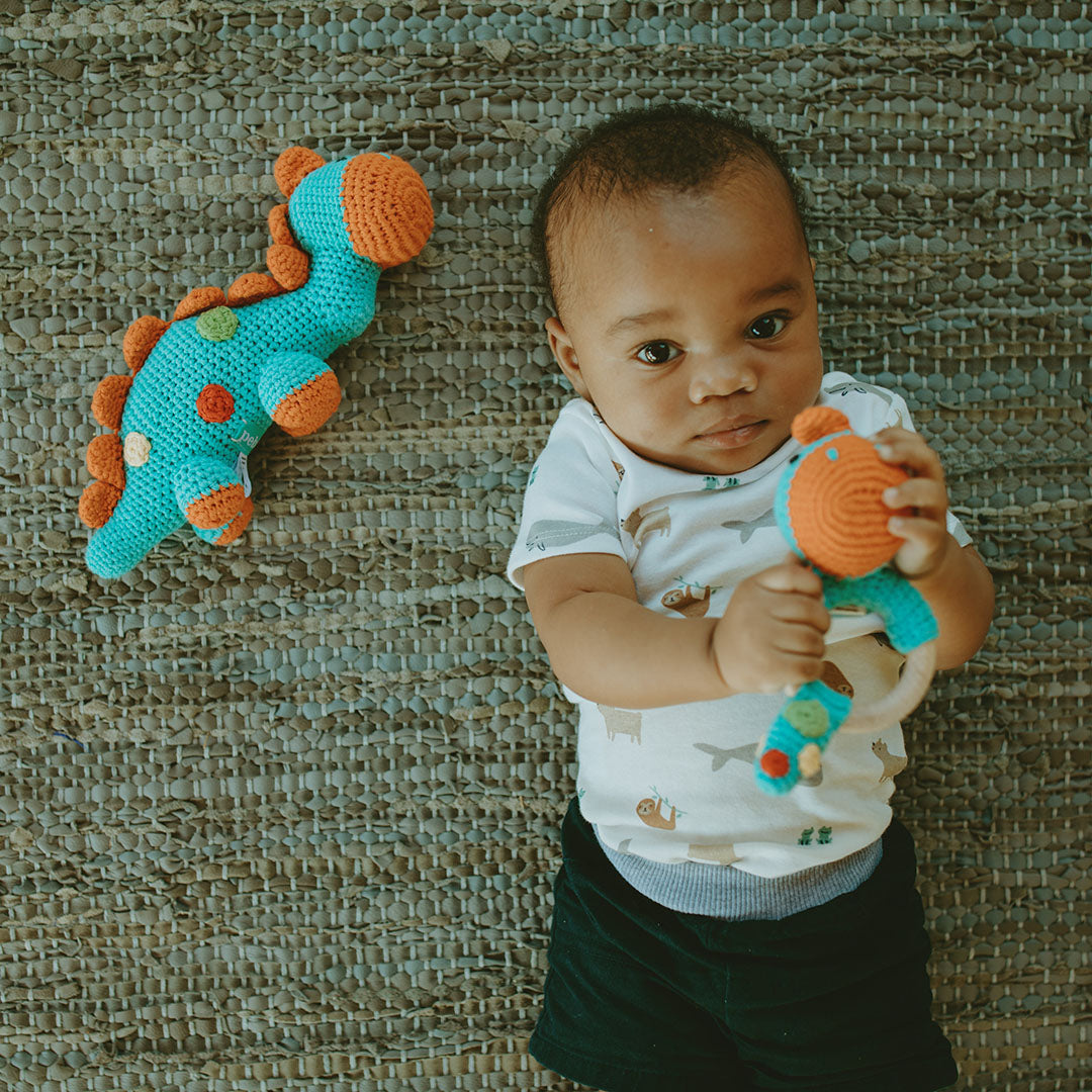 Baby with Fair Trade Hanmdade Turquoise Dino Toys