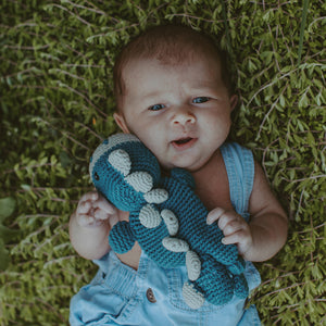 Baby with Fair Trade Handmade Blue Dino Toy