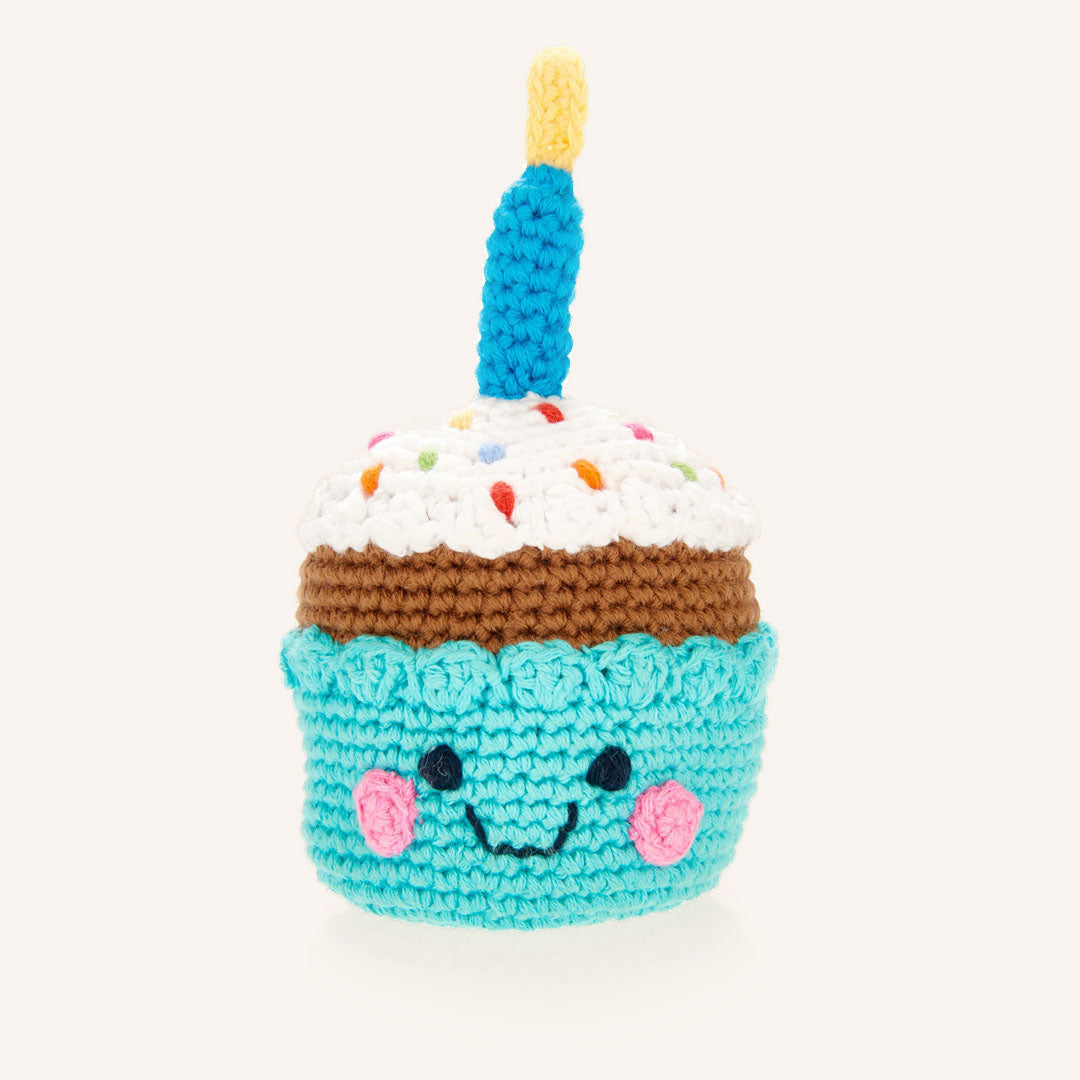 Friendly Crochet Handmade Chocolate Cupcake with Sprinkles and Blue Candle