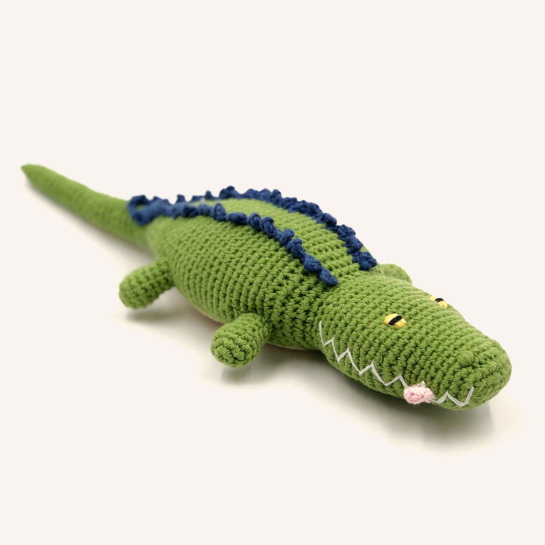 Green Crochet Crocodile with Blue Stripes