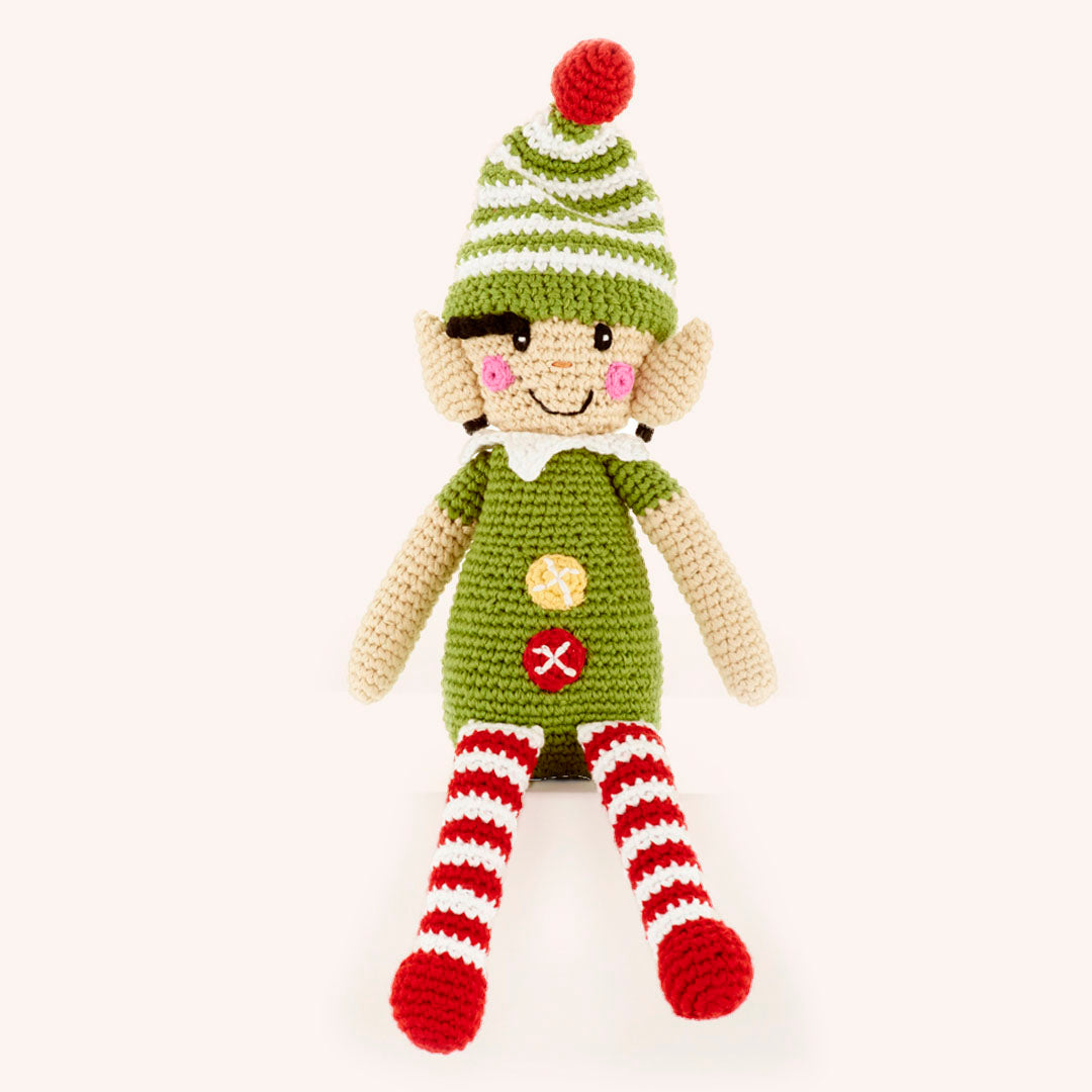 Handmade Fair Trade Plush Elf Toy with Green and White Hat