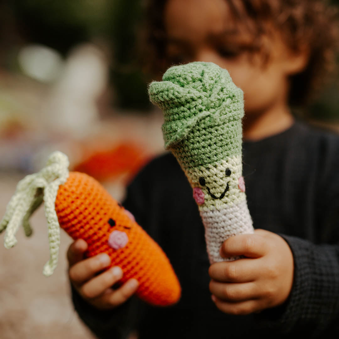 Boy holding handmade Carrot and Leek Plush Toy Baby Rattles