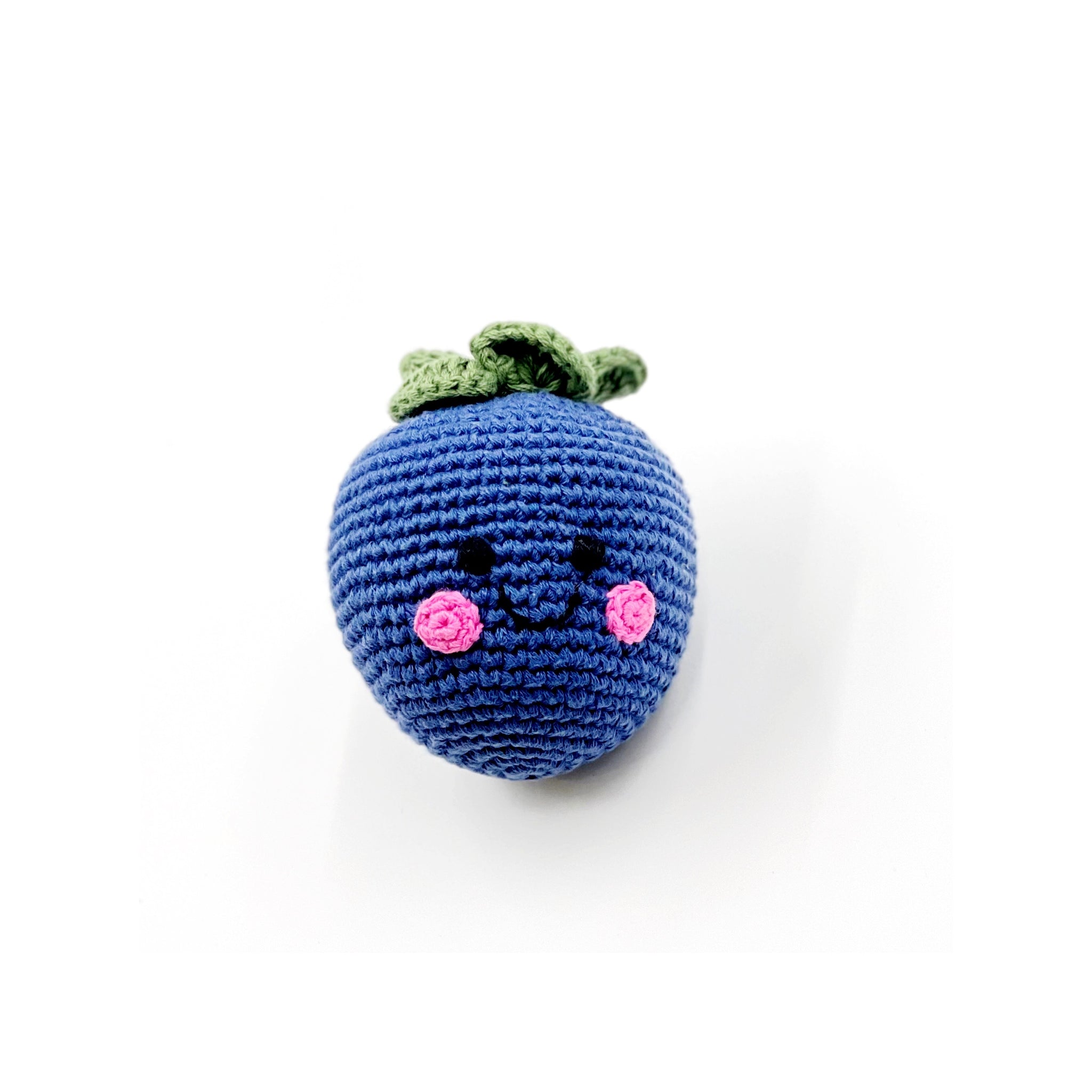 Handmade Crochet Blueberry Baby Toy Rattle with Green Top and Pink Cheeks