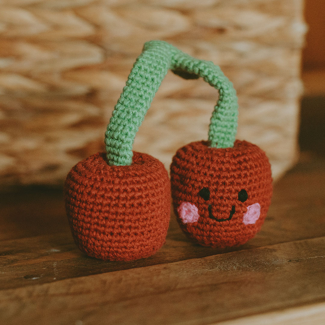 Red and Green Crochet Cherry Baby Toy Rattle