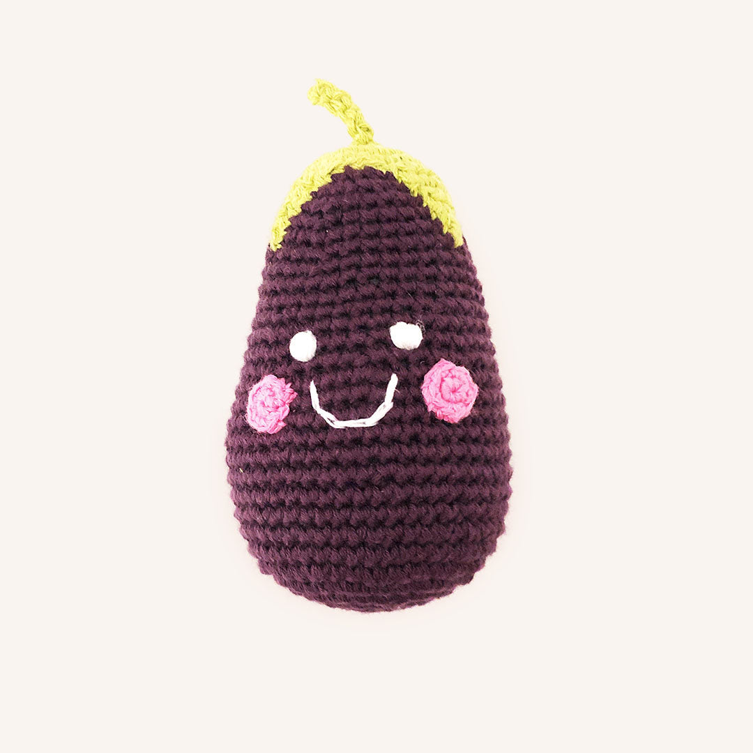 Crochet Fair Trade Purple Smiling Eggplant Baby Rattle