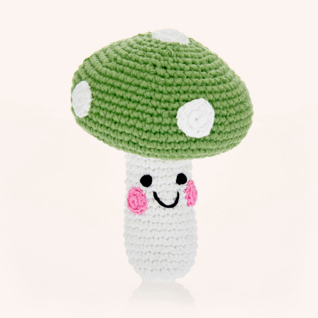 Green and White Handmade Crochet Mushroom Baby Rattle