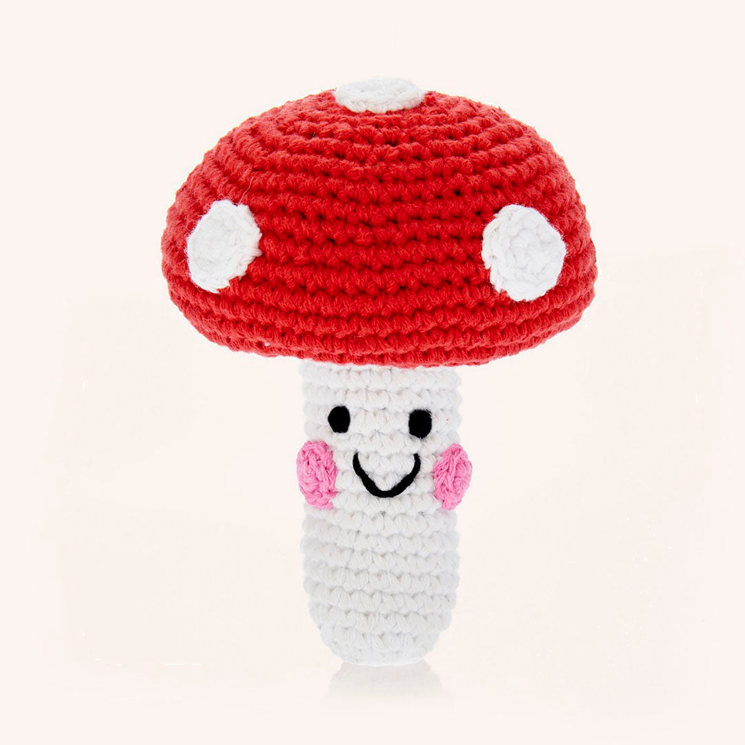 Red  and White Handmade Crochet Mushroom Baby Rattle