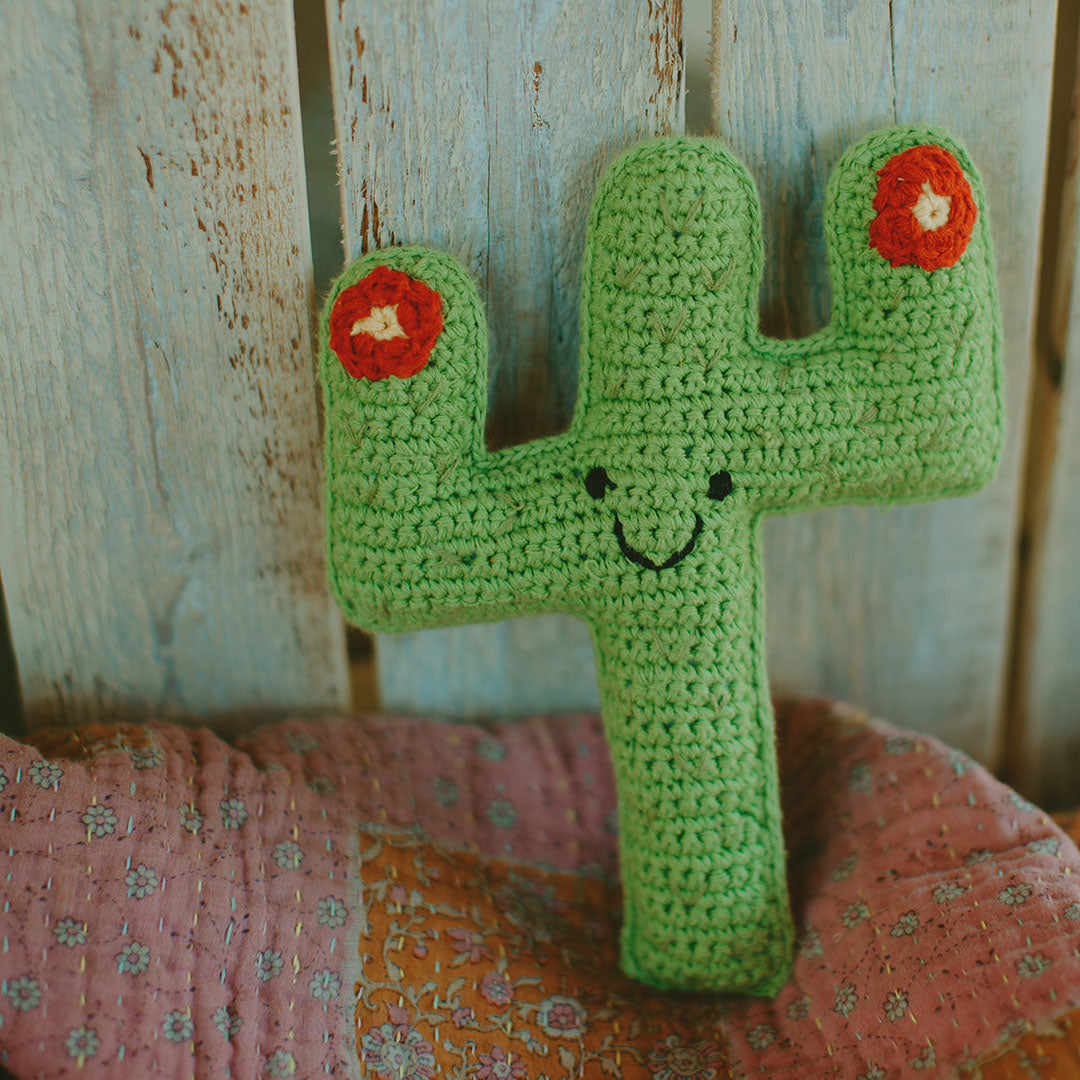 Handmade Green Toy Cactus Plush Toy with Red Flowers