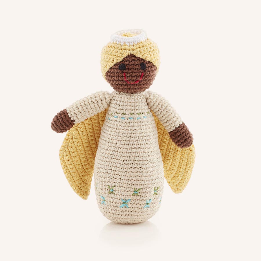 Crochet Black Doll Angel Rattle with Gold Wings