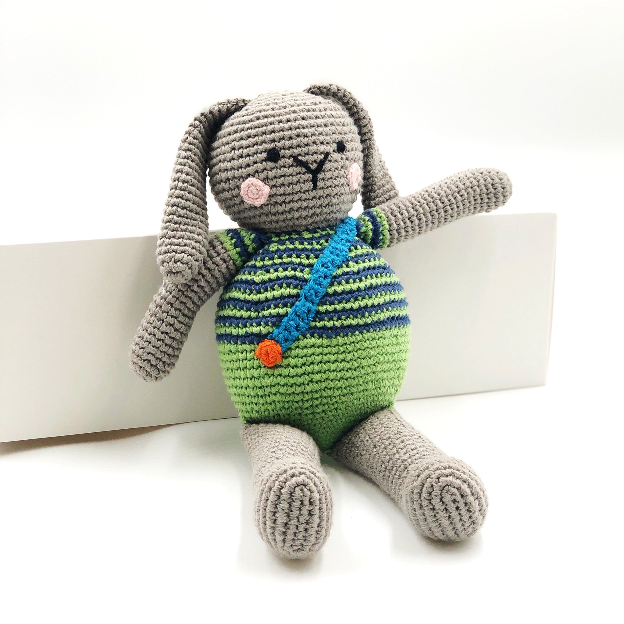 Crochet Grey Plush Bunny Toy with blue and green shirt.