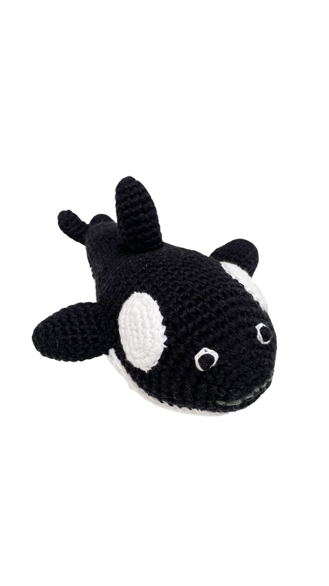 Black and white crochet cotton orca baby rattle