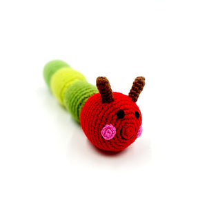 Fair Trade Crochet Cotton Red and Green Caterpillar Toy Rattle