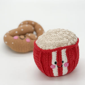 Handmade popcorn rattle with soft pretzel rattle