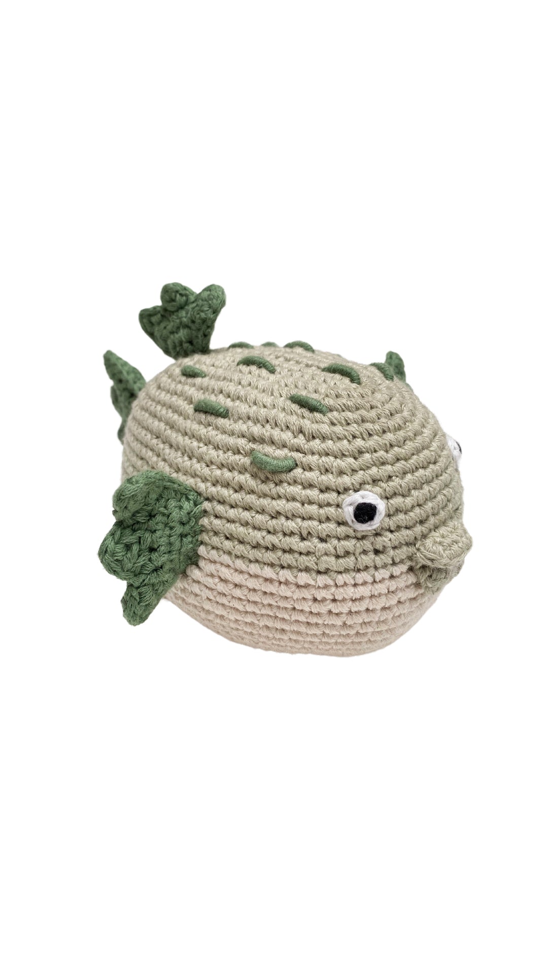 Handmade green pufferfish baby toy rattle