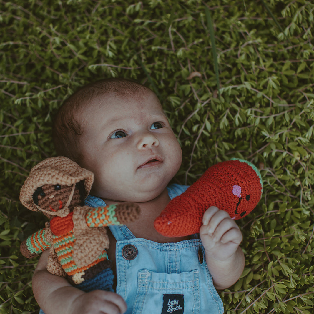 Baby with Crochet Cowboy Rattle