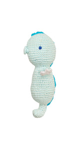 Aqua and blue crochet handmade seahorse baby rattle