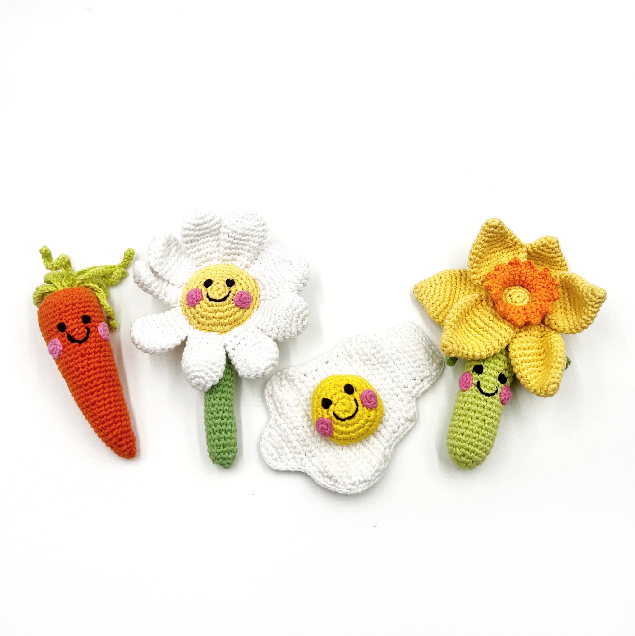 Carrot, daisy, fried egg and daffodil crochet plush toy rattles