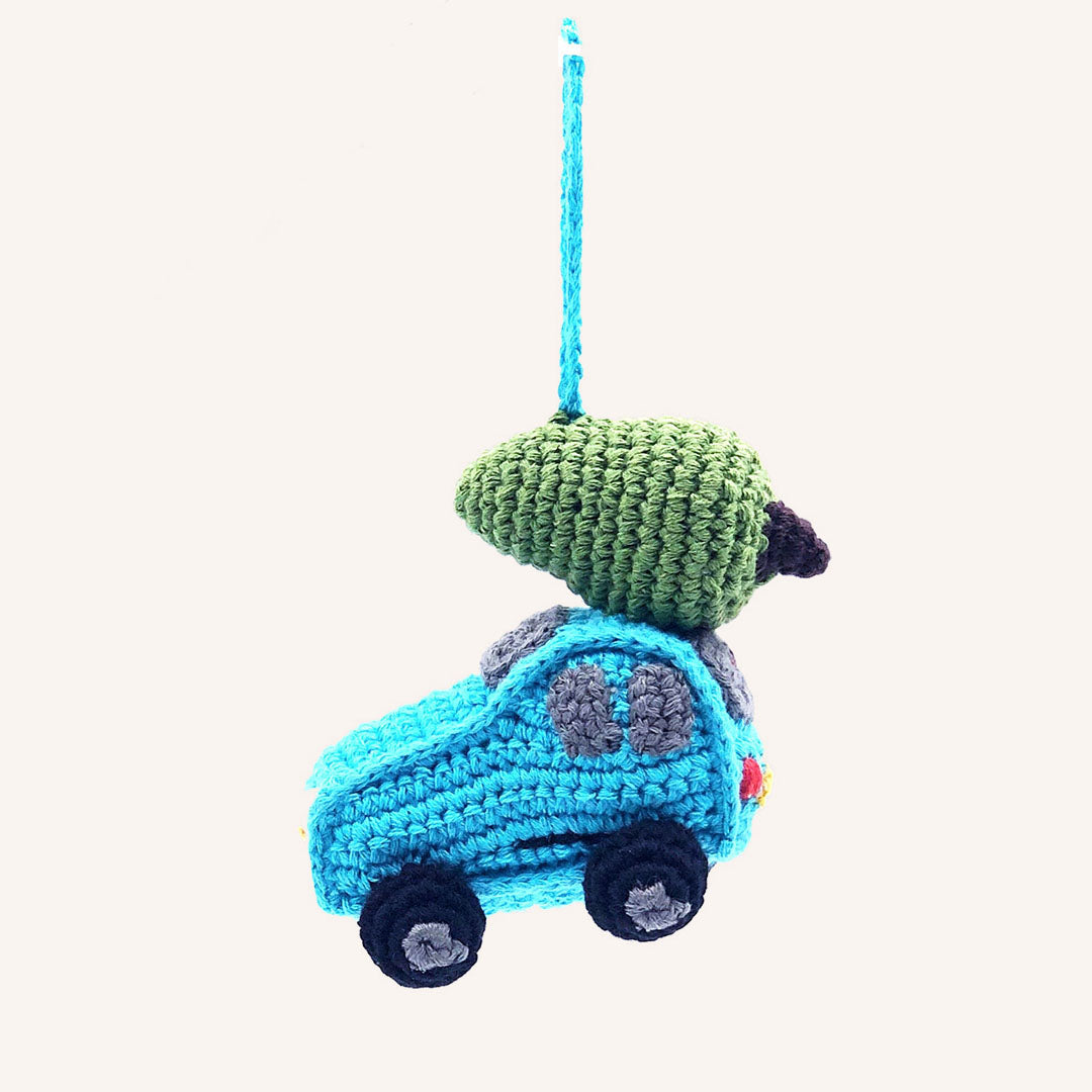 Turquoise car with Tree on top - Christmas Ornament