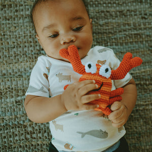 Baby holding organic Cotton Crab Toy