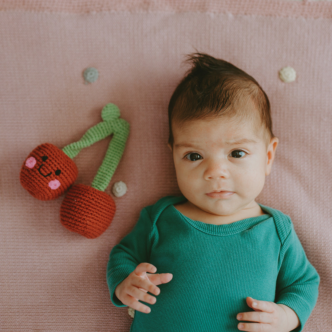 Baby with Red Cherry Crochet Rattle