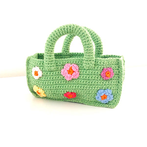 Handmade Crochet Green Easter Egg Basket with Flowers