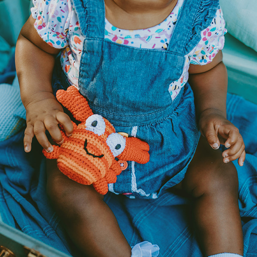 Baby holding Crochet Plush Crab Rattle