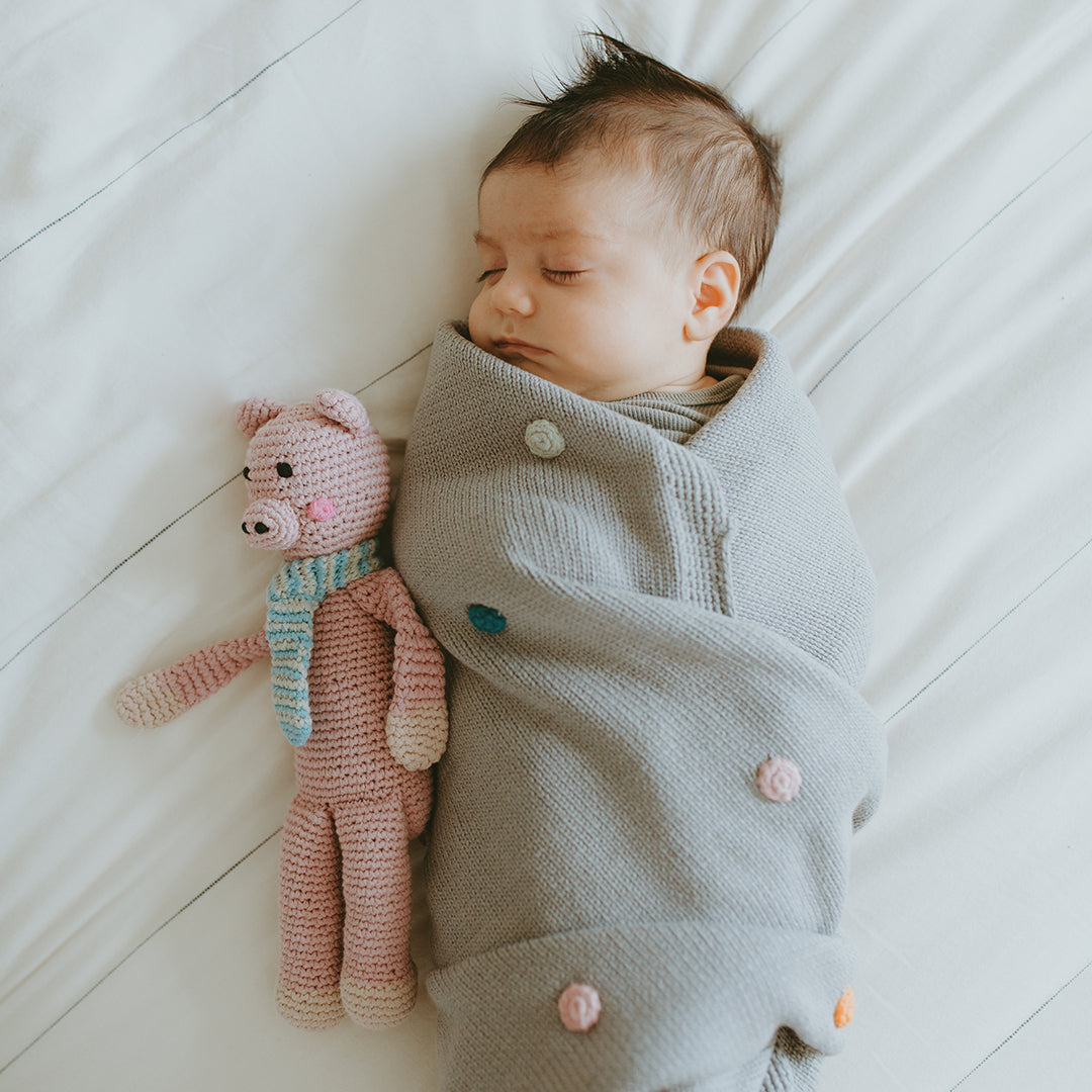 Sleeping Baby with Handmade Plush Pig Baby Toy