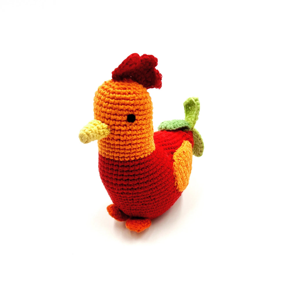 Crochet Orange and Red Rooster Baby Toy