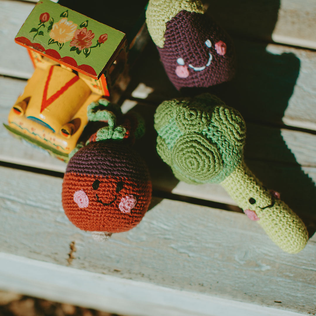 Toy Truck with Crochet Broccoli, Beet, and Eggplant Baby Toys